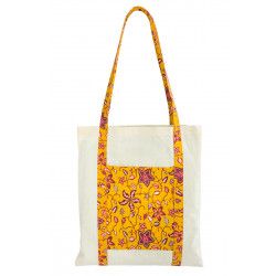 Tote bag sac coton imprimé jaune et fleurs rose