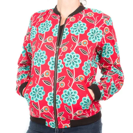 Bomber coton femme rouge et fleurs vert lagon