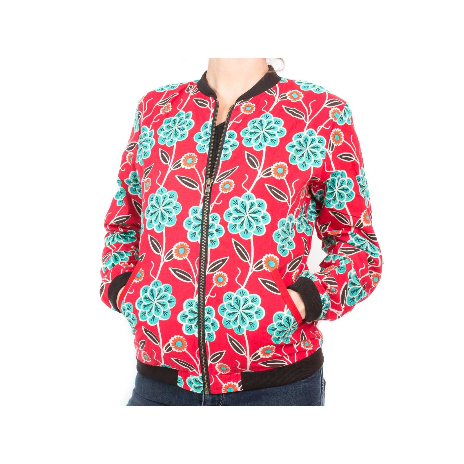 Bomber coton femme rouge et fleurs vert lagon
