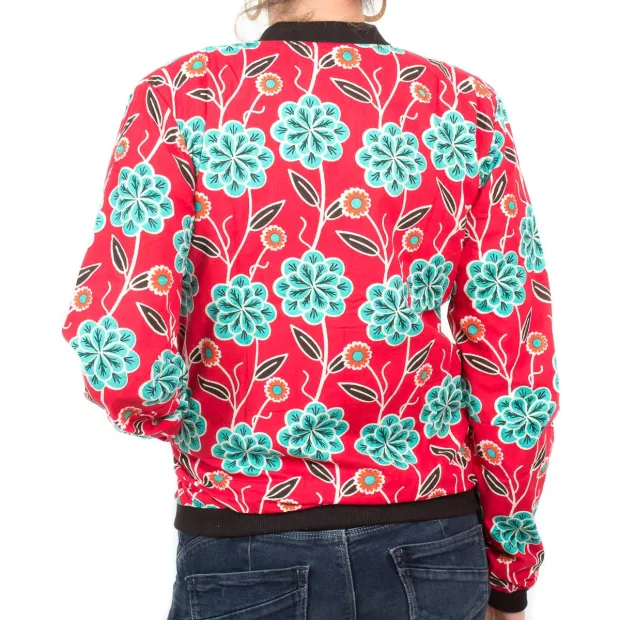 Bomber coton femme rouge et fleurs vert lagon