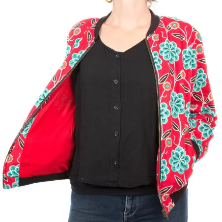 Bomber coton femme rouge et fleurs vert lagon