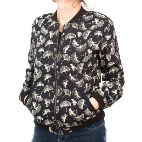 Bomber coton femme noir et feuilles de ginkgo