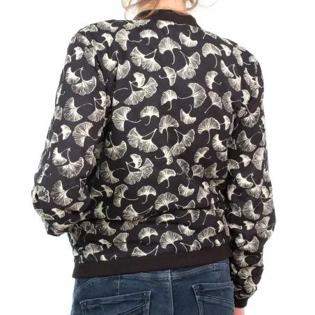 Bomber coton femme noir et feuilles de ginkgo
