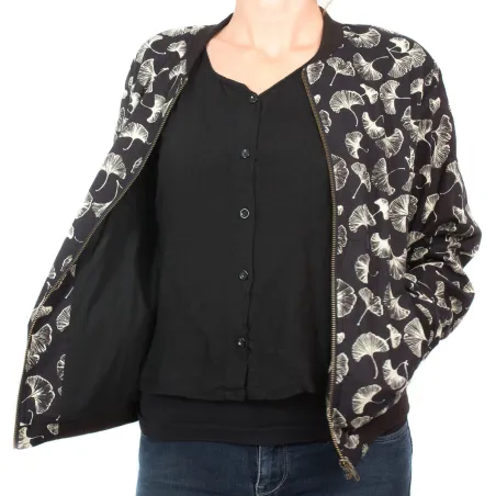 Bomber coton femme noir et feuilles de ginkgo