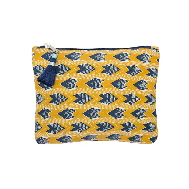 Grande pochette plate en coton jaune et bleu foncé