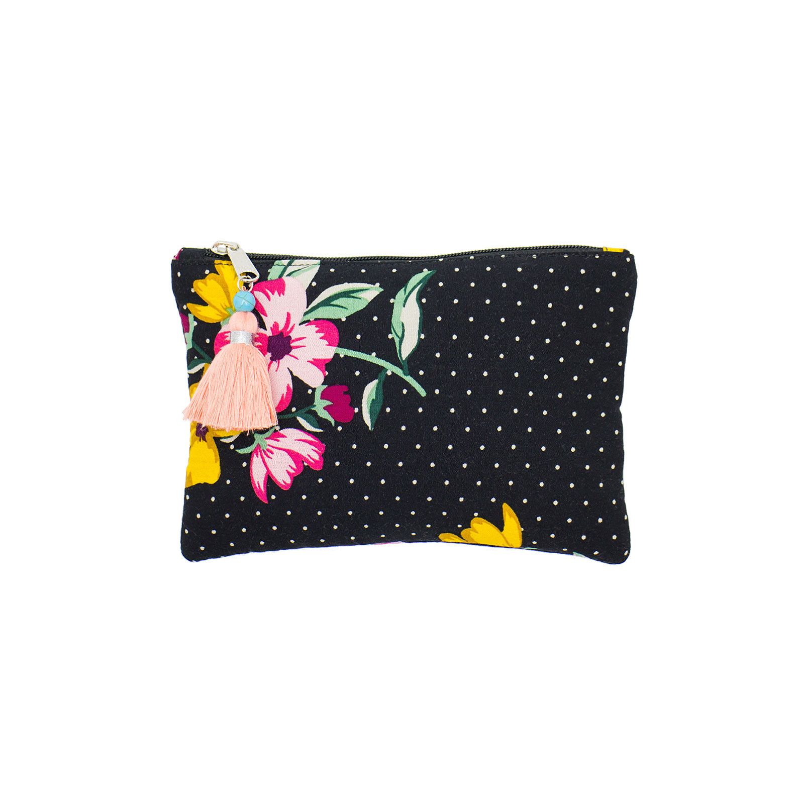Petite pochette plate coton noir à pois et fleurs - Bibop et Lula