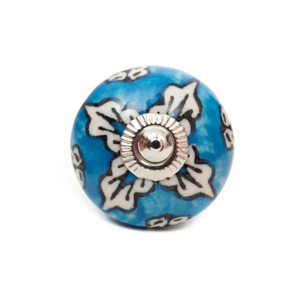 Bouton de meuble céramique Bleu feuille blanche