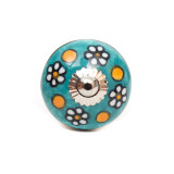 Bouton de meuble céramique Bleu fleurs et pois jaune - Bibop et Lula