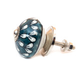 Bouton de meuble céramique Bleu petrole petale blanc - Bibop et Lula