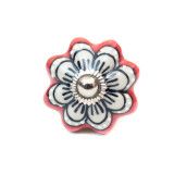 Bouton de meuble céramique Rouge fleur blanche