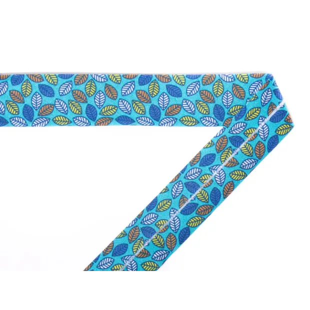 Biais coton imprimé Feuilles turquoise