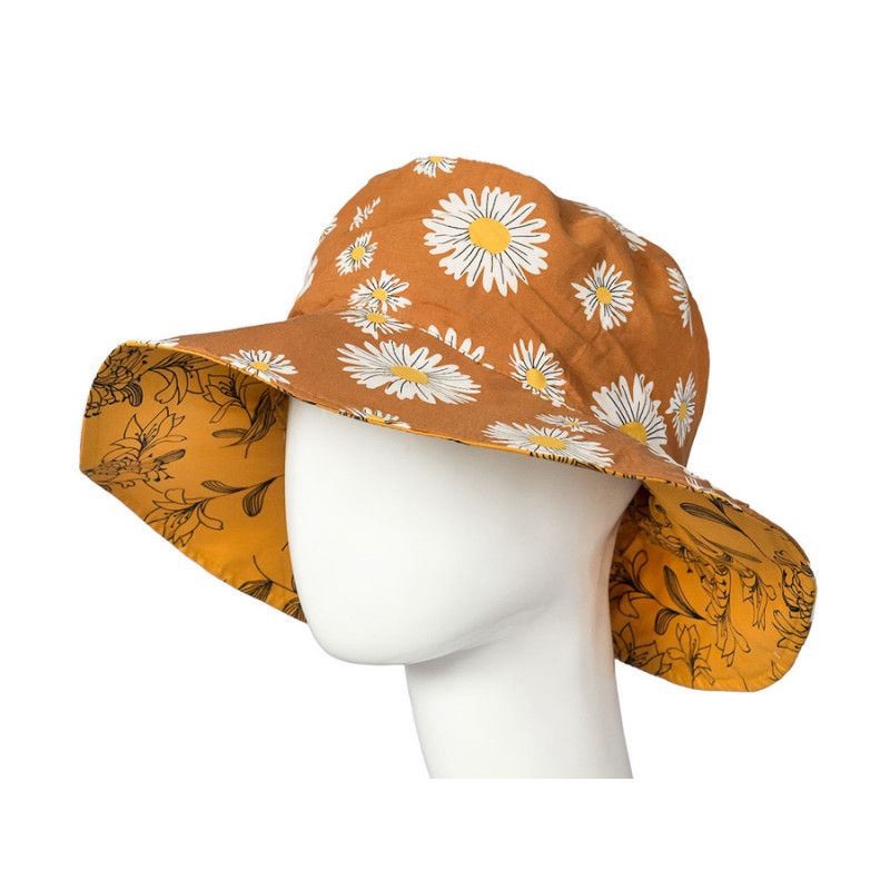 Chapeau Capeline Coton Adulte Reversible Ocre A Marguerites Chapeau Capeline Coton Adulte Reversible Ocre A Marguerites