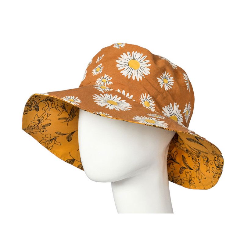 Chapeau Capeline Coton Adulte Reversible Ocre A Marguerites