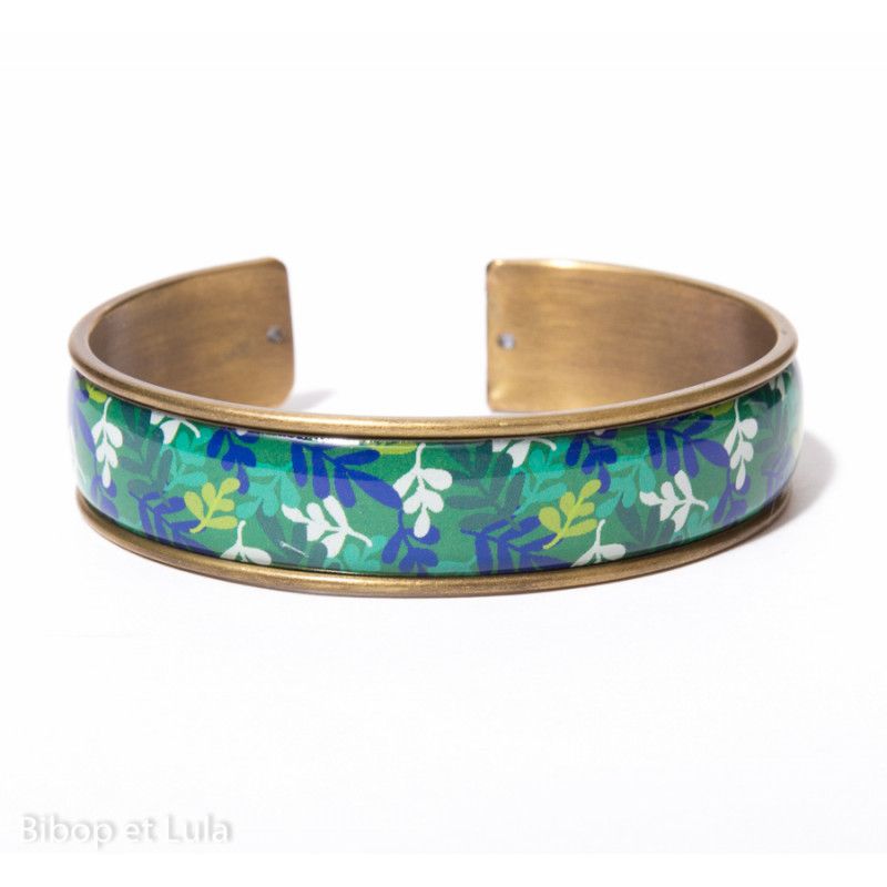 Manchette, bracelet, résine, motif Feuillage vert - Bibop et Lula