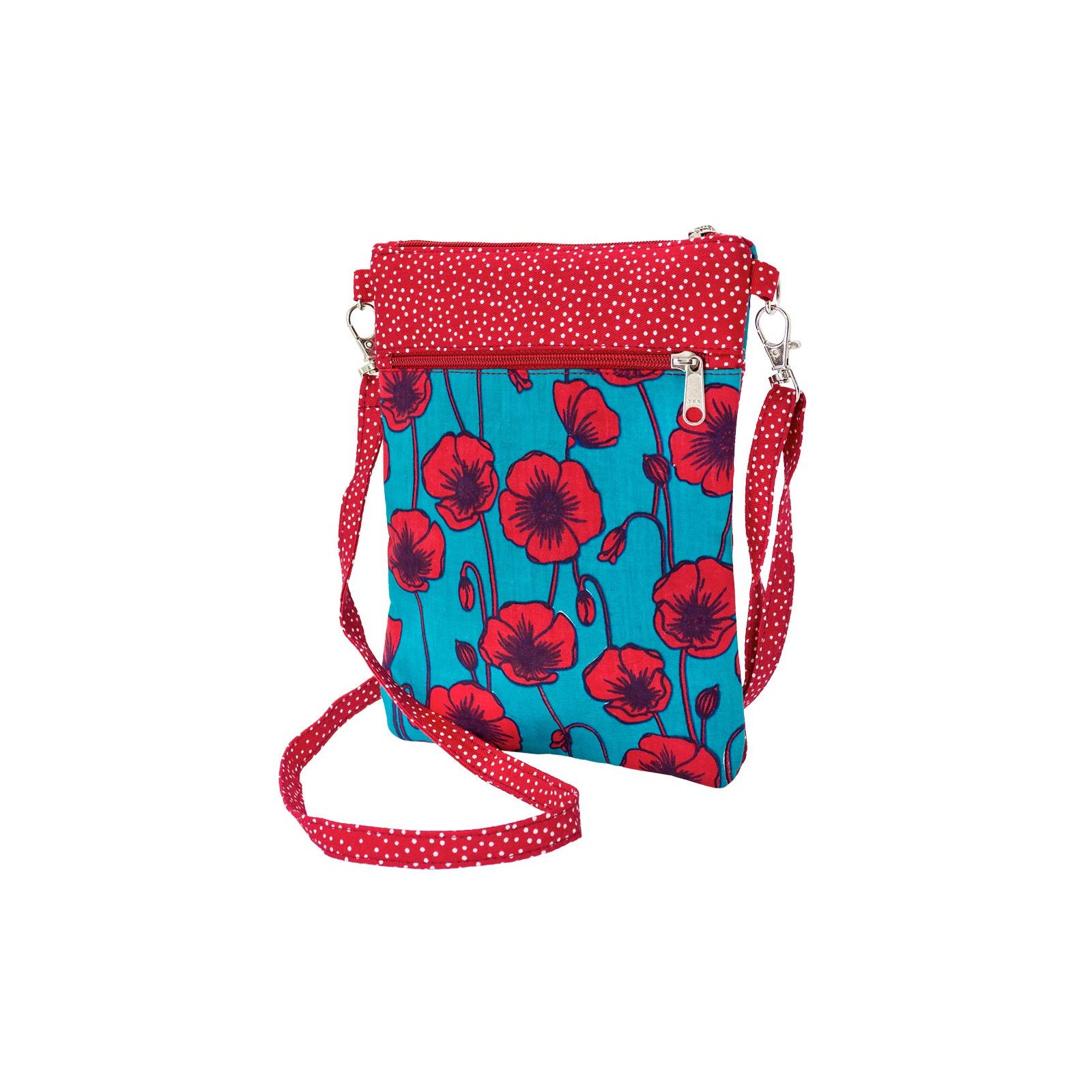 Pochette de voyage bandouli?�re tissu bleu et rouge motifs coquelicots rouges