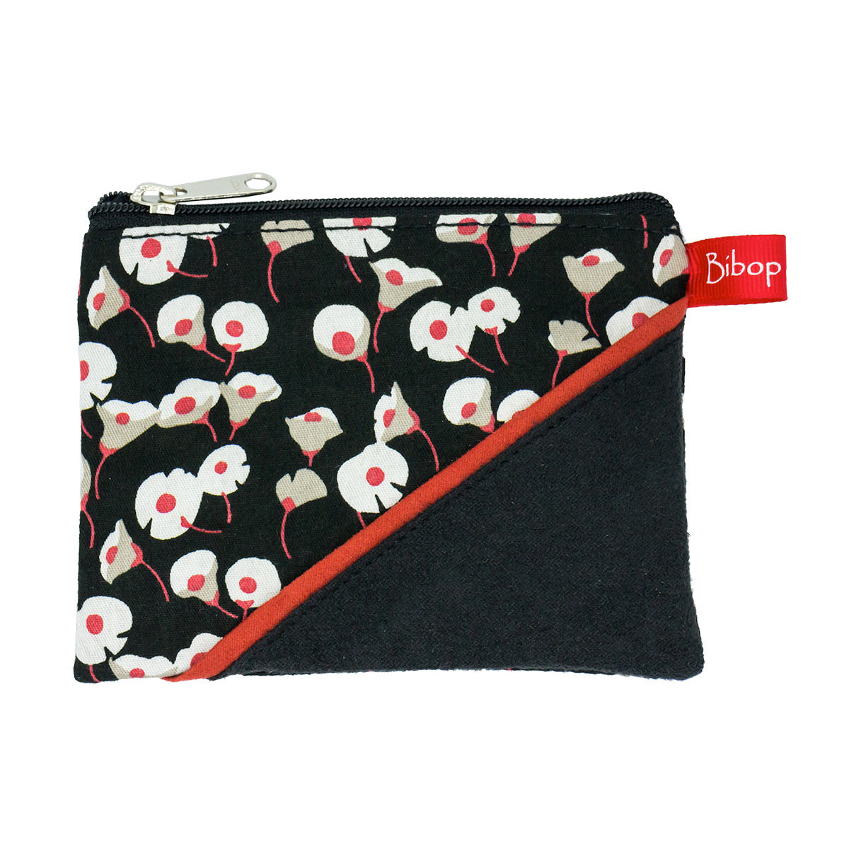 Petit porte-monnaie zippé noir motifs petites fleurs blanches