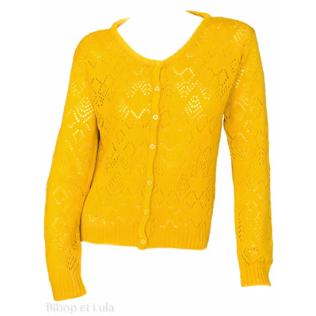 Gilet laine motifs ajourés Jaune
