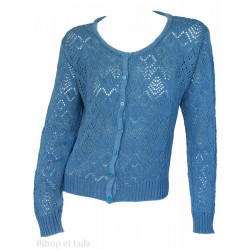 Gilet laine motifs ajourés Bleu Jean - Bibop et Lula