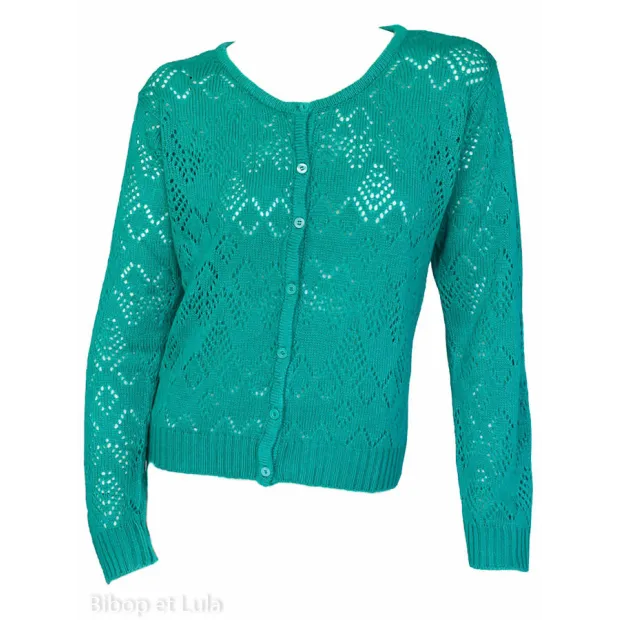 Gilet laine motifs ajourés Bleu vert