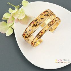Manchette, bracelet, résine, motif Végétal jaune