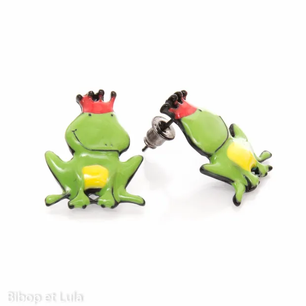 Boucles d'oreilles clous émaillées Roi grenouille