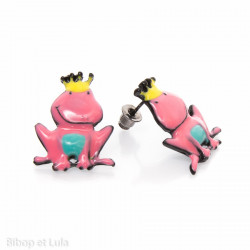 Boucles d'oreilles clous Roi grenouille rose - Bibop et Lula