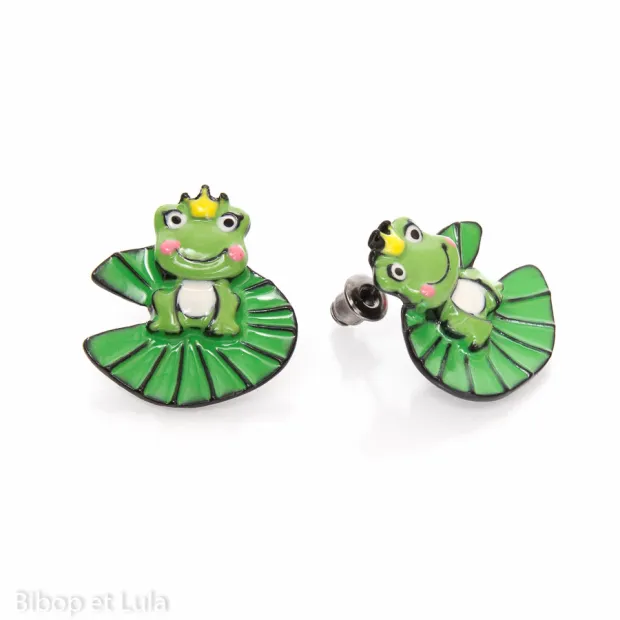Boucles d'oreilles clous Reine grenouille sur nénuphar