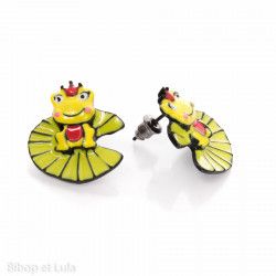 Boucles d'oreilles clous Reine grenouille sur nénuphar jaune - Bibop et Lula