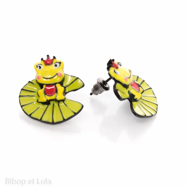 Boucles d'oreilles clous Reine grenouille sur nénuphar jaune