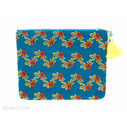 Grande pochette en coton doublé feutrine petites fleurs sur fond bleu - Bibop et Lula