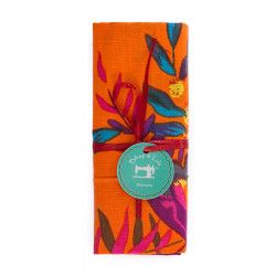 Coupon tissu coton orange, parsemé d'oiseaux et fleurs